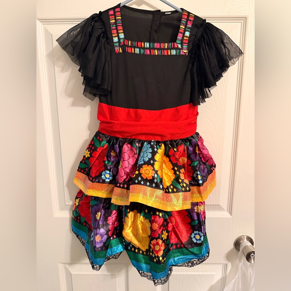 Girls' Black Multicolor Fiesta Day of the Dead Dress Costume size 8-10